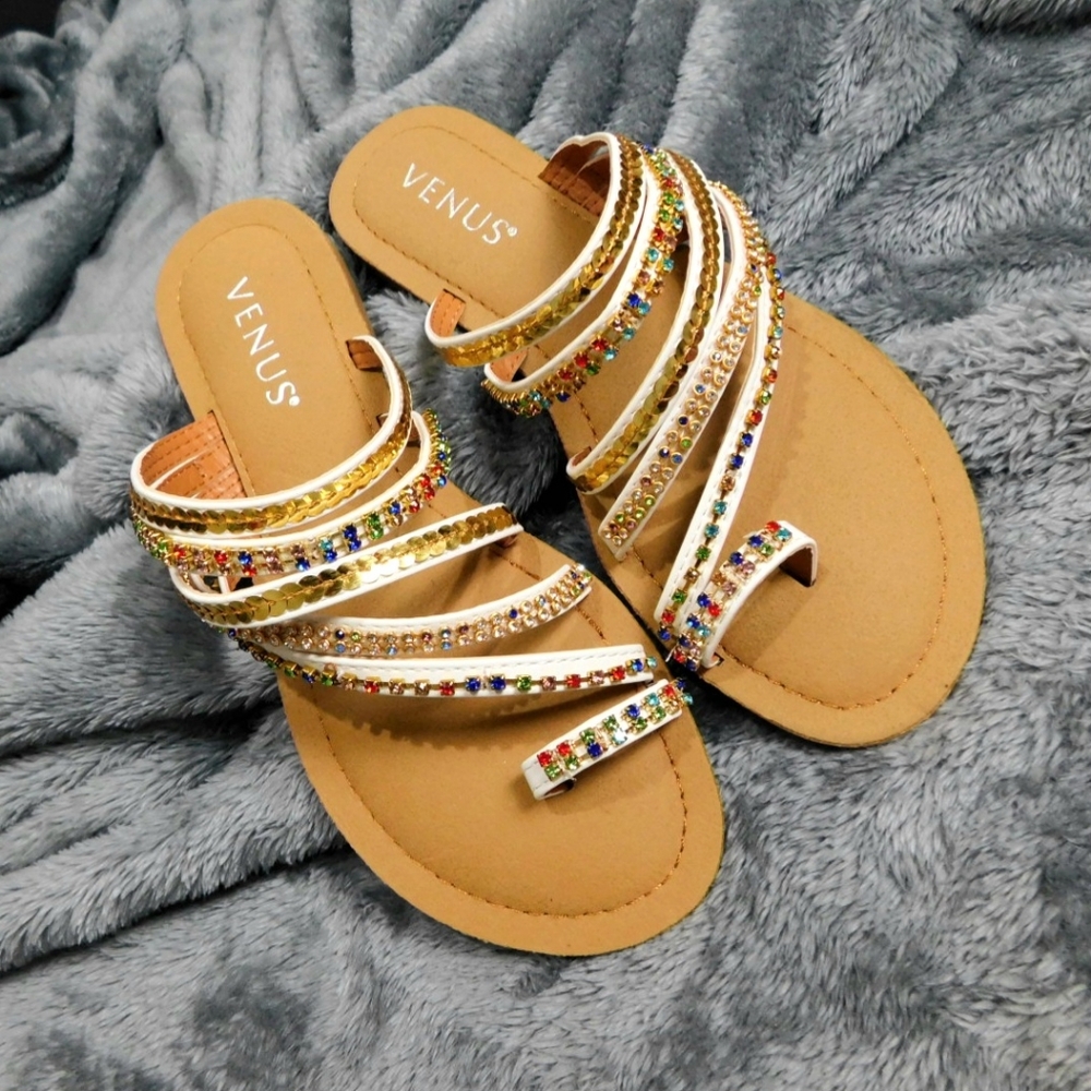 Venus Strappy Multicolored Rhinestone & Sequins Sandals Size 7 - Picture 4 of 6